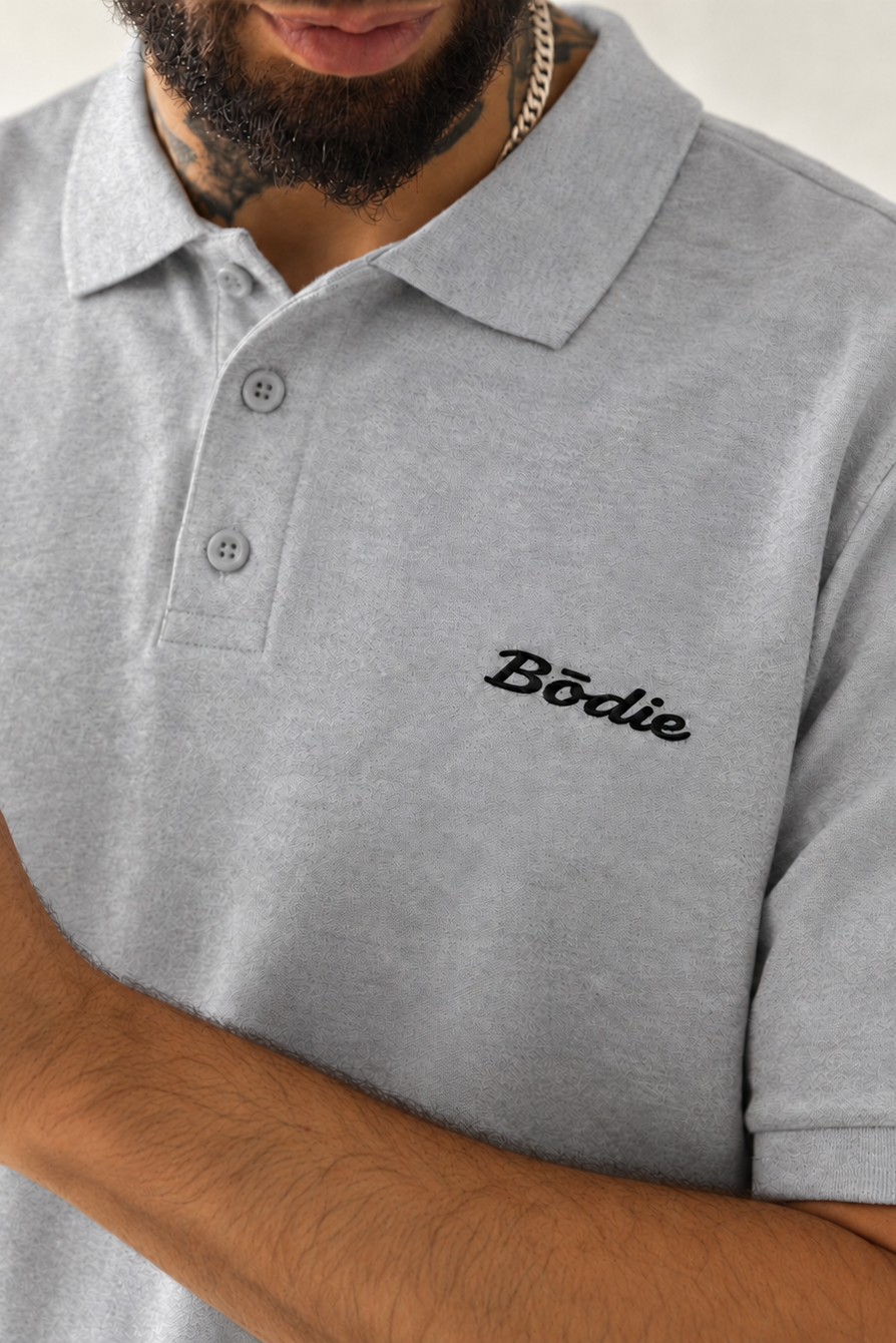 Bōdie Embroidered Cotton Pique Polo. Ash Grey.