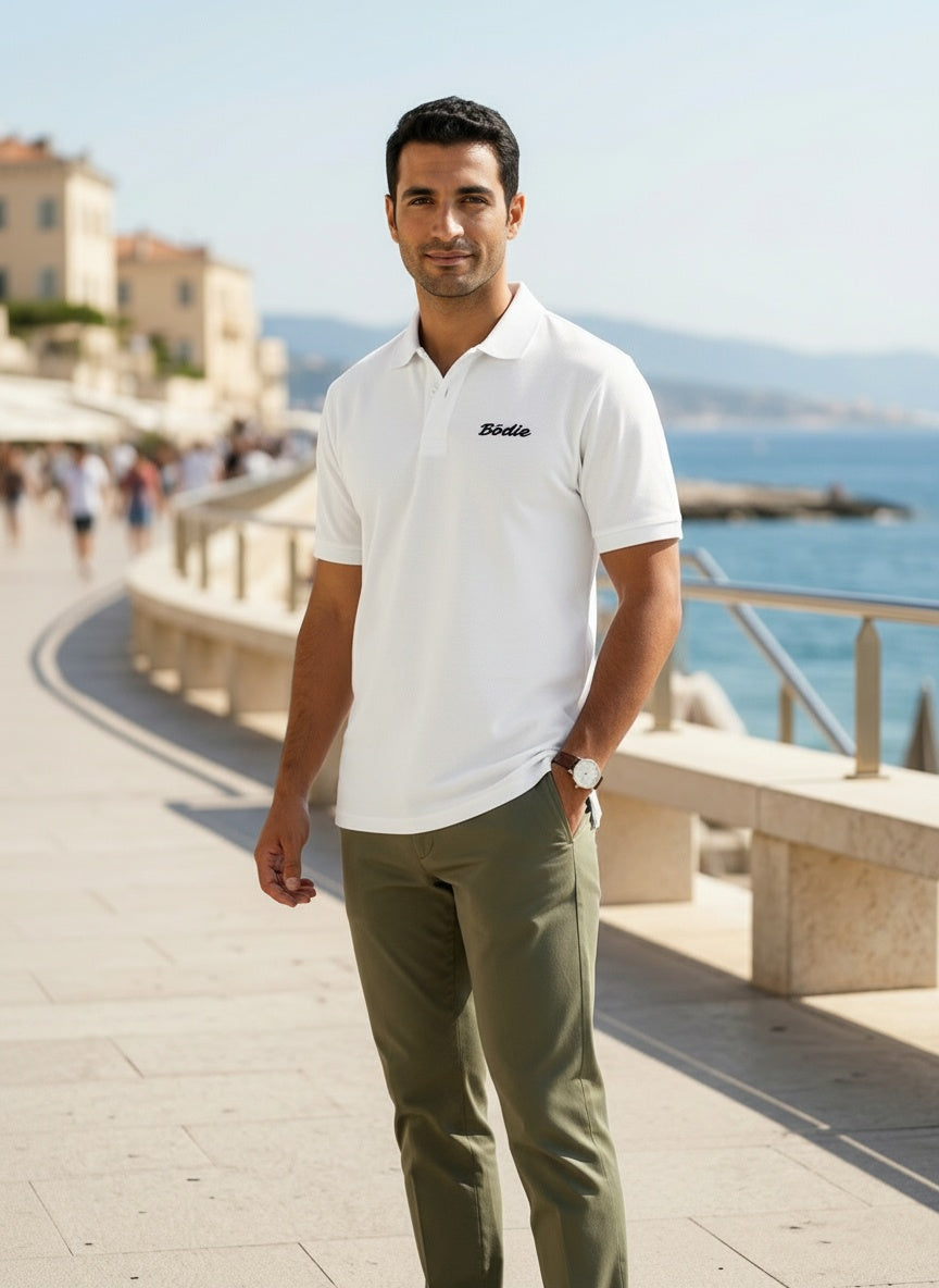 Bōdie Embroidered polo shirt. White.