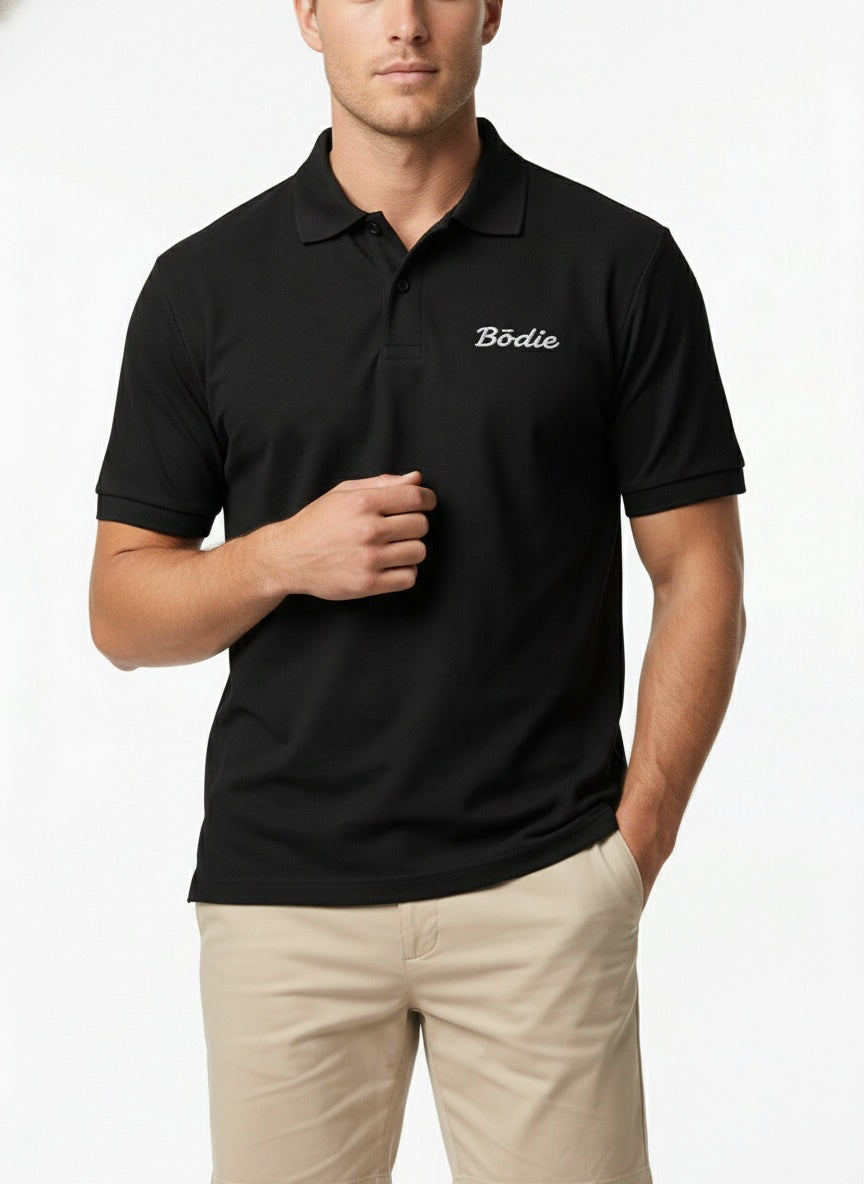Bōdie Embroidered polo shirt. Black.