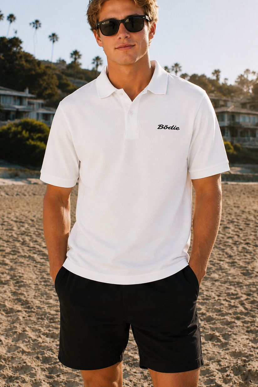 Bōdie Embroidered polo shirt. White.