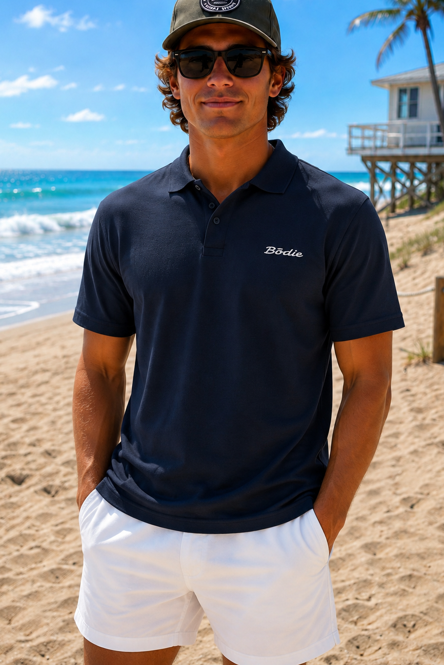 Bōdie Embroidered polo shirt. Navy Blue.